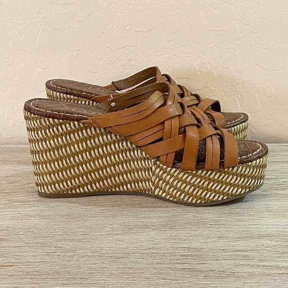 Sam Edelman Sandals Devon 6.5 Tan Leather Woven Platform Wedge Slides - Picture 10 of 12